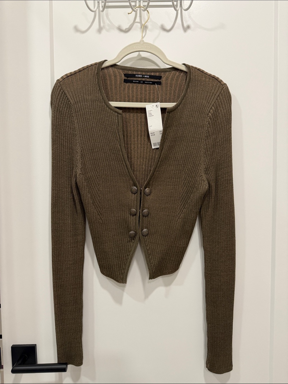 silence + noise Olive Ribbed Double-Button Cropped Cardigan